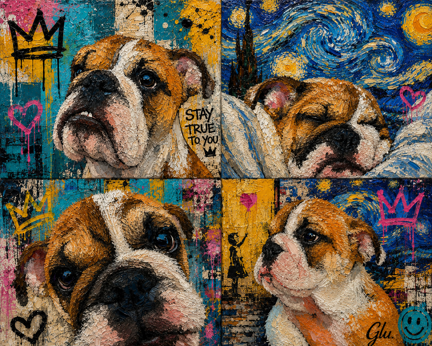 Bulldog Street Art coloré-Toile Prenium Signée Glu